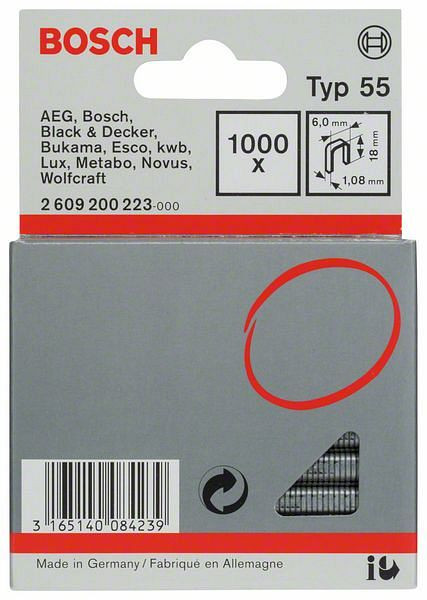 Bosch Schmalrückenklammer Typ 55, 6 x 1,08 x 18 mm, 1000er-Pack, 2609200223