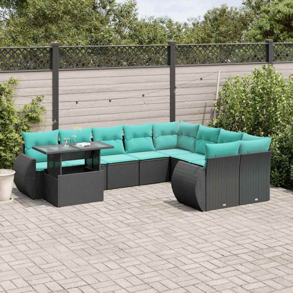 vidaXL 10-teiliges Gartensofa-Set mit Kissen, schwarzes Polyrattan, 3268767