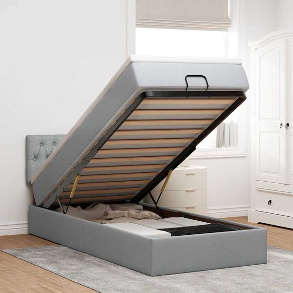 vidaXL Ottoman-Bett mit Matratze & LEDs Hellgrau 90x190 cm Stoff, 3312353