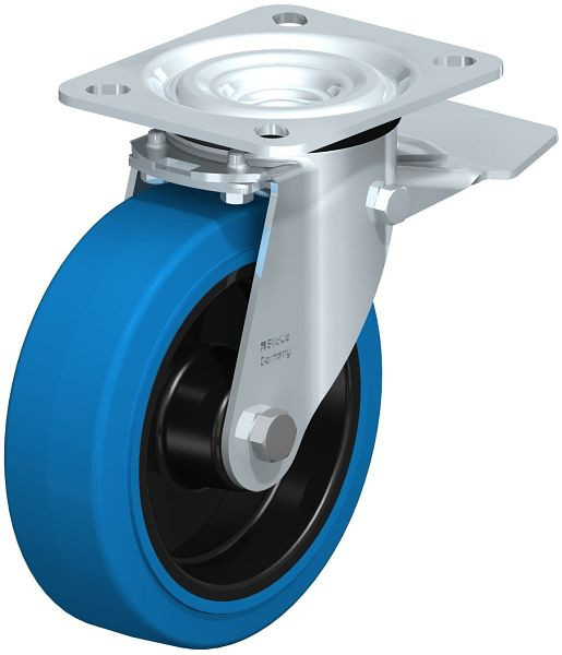Blickle L-POEV 125XR-ST-SB Stahlblech-Lenkrolle, mittelschwere Ausführung, mit Anschraubplatte & Feststeller, Elastik-Vollgummi, Blau, 850556