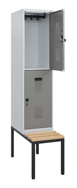 C+P Doppelstöckiger Spind Evolo PLUS, Bank, 2 Fächer, 1950x400x815mm, 7035/0004, Drehriegel, Sitzfläche Buche-Hartholz, Sitzbank, 0493505-12 S10014