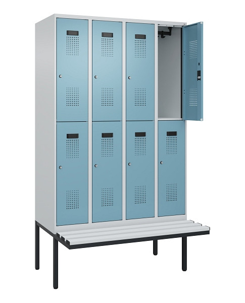 C+P Doppelstock-Spind Evolo PLUS, Bank, 8 Fächer, 2120x1200x815mm, 7035/0010, Zylinderschloss, Sitzfläche Kunststoff, 0493407-40 S10117