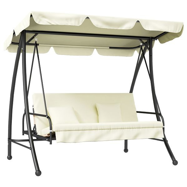 Outsunny Hollywoodschaukel, Schaukelbank mit Liege-Funktion, 3 Sitzer, Metall+Polyester, 200 x 125 x 170 cm, Weiß, 84A-032V01CW