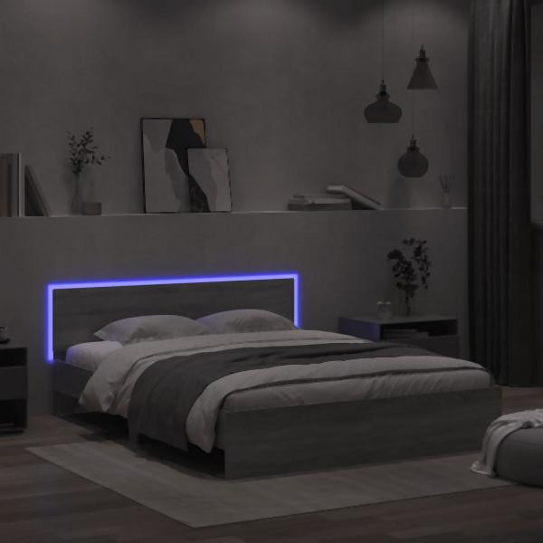 vidaXL Bettgestell mit Kopfteil und LED-Beleuchtung Grau Sonoma, 3207600