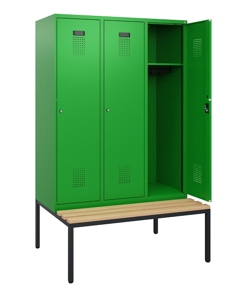 C+P Spind Evolo PLUS, 3 Abteile, 1950x1200x815mm, 6037/6037, Zylinderschloss, Sitzfläche Buche-Hartholz, Sitzbank, 0490505-32 S10053