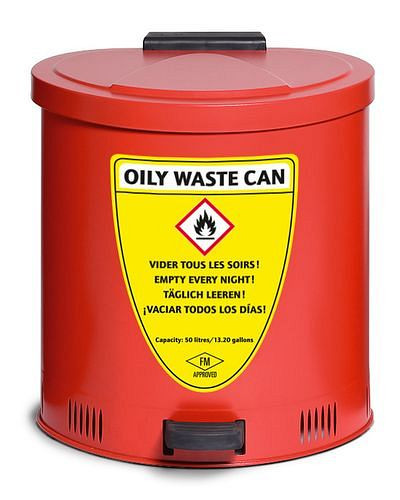 DENIOS Sicherheits-Sammelbehälter 50 Liter Volumen, aus Stahl, rot, mit Deckeldämpfung, 256103