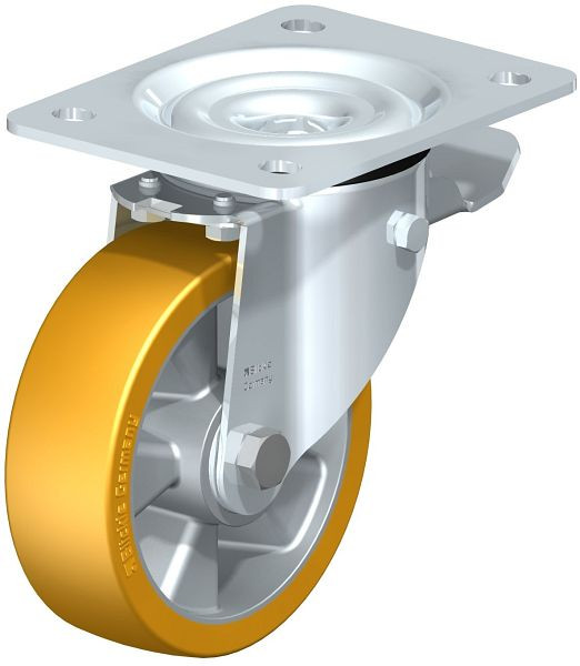 Blickle LK-ALTH 125K-3-ST Stahlblech-Lenkrolle, schwere Ausführung, mit Anschraubplatte & Feststeller, Blickle Extrathane®, Hellbraun, 277194