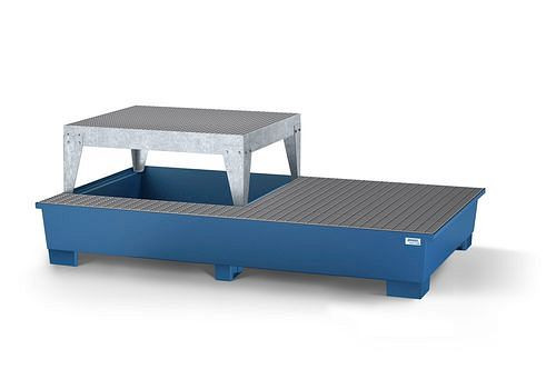DENIOS Auffangwanne classic-line für 2 IBC, blau lackiert, Abfüllbereich, Abfüllbock und Gitterrost, 259393