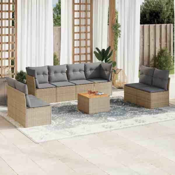 vidaXL 9-tlg. Garten-Sofagarnitur mit Kissen Beige Poly Rattan, UV-beständig, 3223581