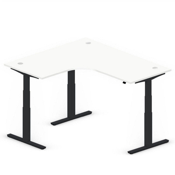 Deskin XXL Sitz-/ Stehschreibtisch Jumbo MULTI M, Dekor weiß, T-Fuß-Stahlgestell in Schwarz RAL 9005, linksseitig geformt, 295163