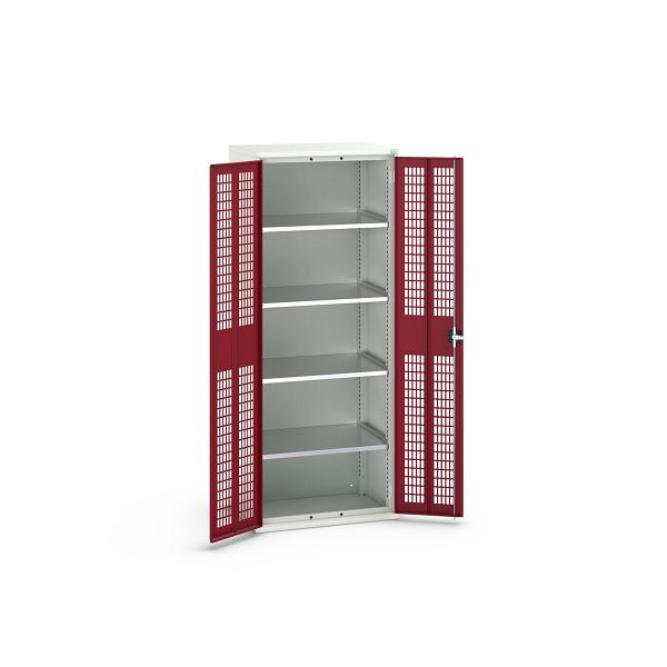 bott verso Flügeltürschrank mit Belüftung, mit 4 Fachböden, BxTxH: 800 x 550 x 2000 mm, Lichtgrau / Purpurrot, 16926743.24