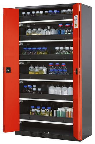 asecos Chemikalienschrank Systema-T CS-106F, Korpus anthrazit, Falttüren rot, 6 Tablarauszüge, 209103
