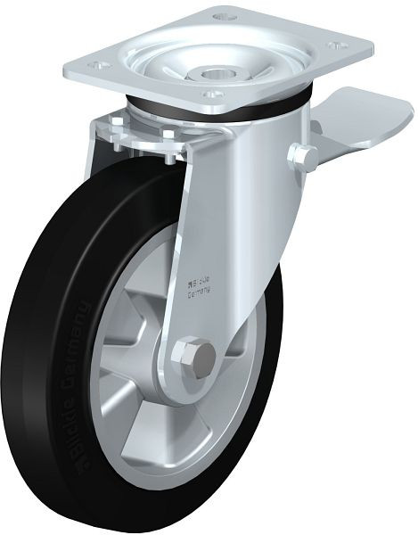 Blickle LK-ALEV 200K-ST Stahlblech-Lenkrolle, schwere Ausführung, mit Anschraubplatte & Feststeller, Elastik-Vollgummi, Schwarz, 257691