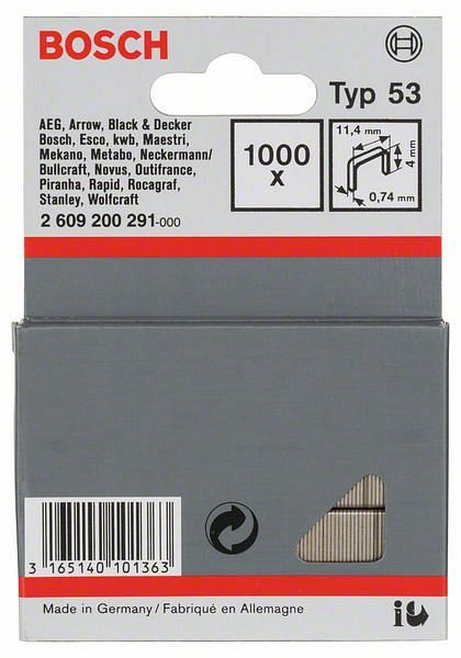Bosch Feindrahtklammer Typ 53, 11,4 x 0,74 x 4 mm, 1000er-Pack, 2609200291