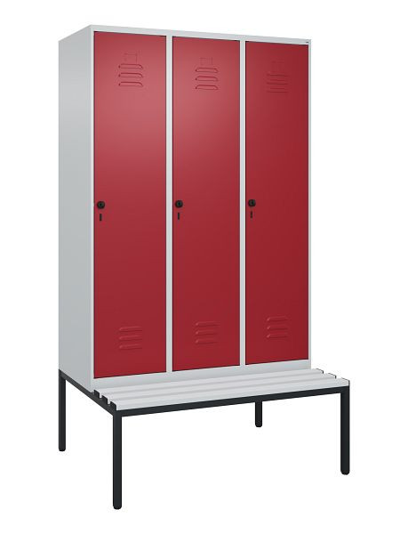 C+P Umkleidespind Classic PLUS, mit untergebauter Sitzbank, 3 Abteile, 2120x1200x815mm, 7035/3003, Drehriegel, 0800507-32 S10031