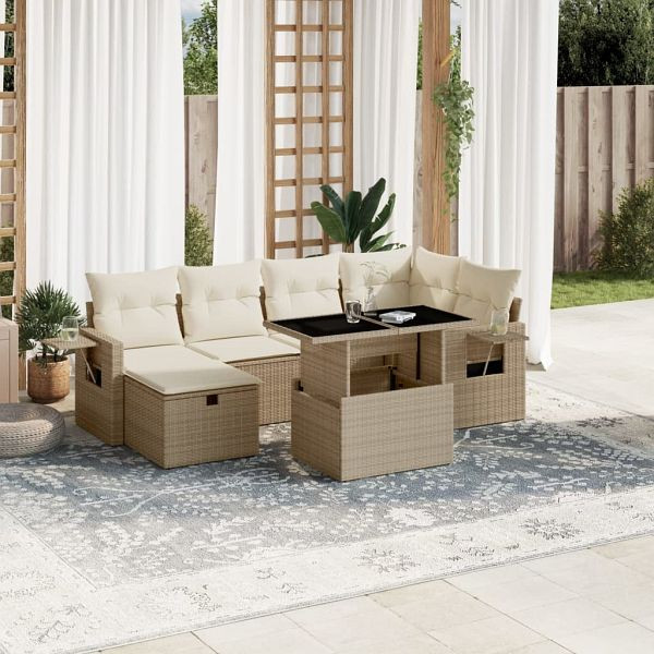 vidaXL 7-teilig Garten-Sofagarnitur mit Kissen Beige Poly Rattan, 3274978