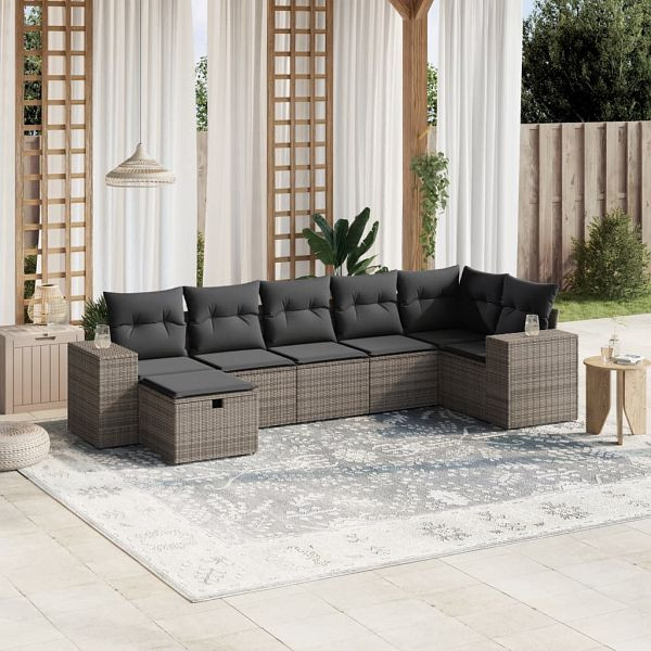 vidaXL 7-teilig Garten-Sofagarnitur mit Kissen Grau Poly Rattan, 3264436