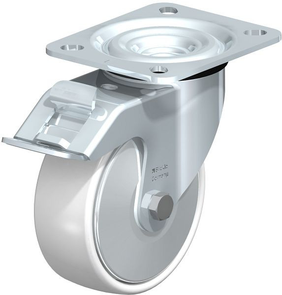 Blickle L-PO 100G-FI-FA Stahlblech-Lenkrolle, mittelschwere Ausführung, mit Anschraubplatte & Feststeller, Polyamid, Weiß, 9118