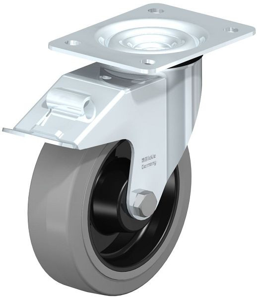 Blickle LE-POEV 160R-FI-SG Stahlblech-Lenkrolle mit Anschraubplatte & Feststeller, Elastik-Vollgummi, Grau, 387522