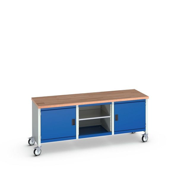 bott cubio Kastenwerkbank mobil, 2 Türen, 3 Ablagen, Rotbuche-Arbeitsplatte, BxTxH: 2000x750x840mm, RAL 7035/5010, Enzianblau, 41002119.11V