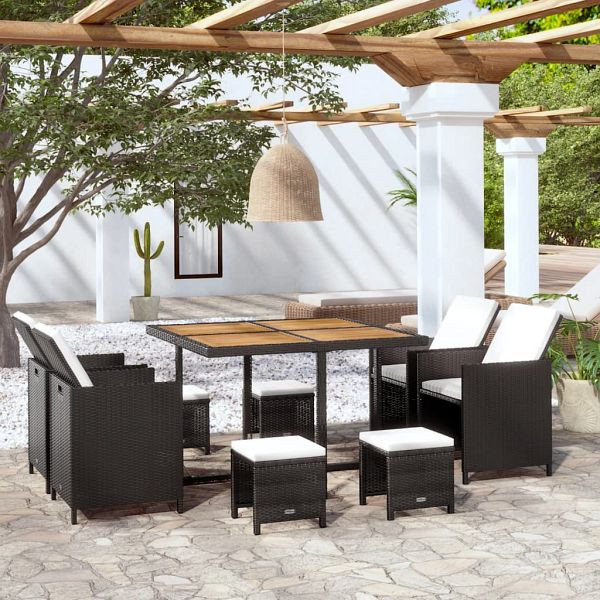 vidaXL 9-teilig Garten-Essgruppe Poly Rattan Akazienholz Schwarz, 42530