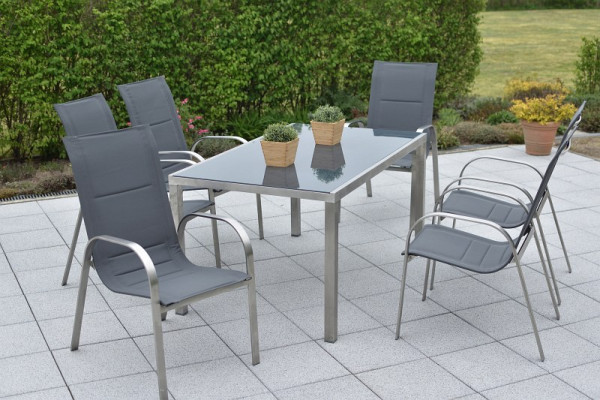 Merxx Lucca Set 7-teilig, 6 Lucca Stapelsessel, 1 Tisch 150 x 90 cm, silber/grau, Edelstahlgestell mit Textilbespannung, 50369-309