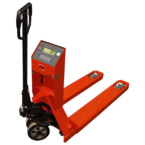 Schefer Gabelhubwagen Primus mit Waage inkl. wiederaufladbarem Akku Teilungsschritt 1kg, geeichte Ausführung, 1101087WE