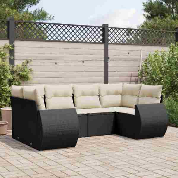 vidaXL 6-tlg. Garten-Sofagarnitur mit Kissen Schwarz Poly Rattan, UV-beständig, 3254113