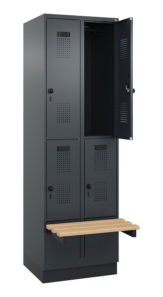 C+P Doppelstock-Spind Evolo PLUS, Bank, 4 Fächer, 1950x600x815mm, 7016/7016, Drehriegel, Sitzfläche Buche-Hartholz, mit Sockel, 049340-20 S10016