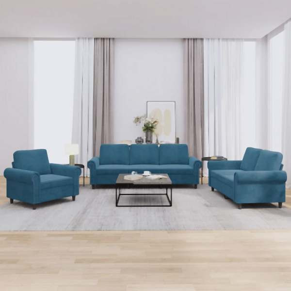 vidaXL 3-tlg. Sofagarnitur mit Kissen Blau Samt, 3202179