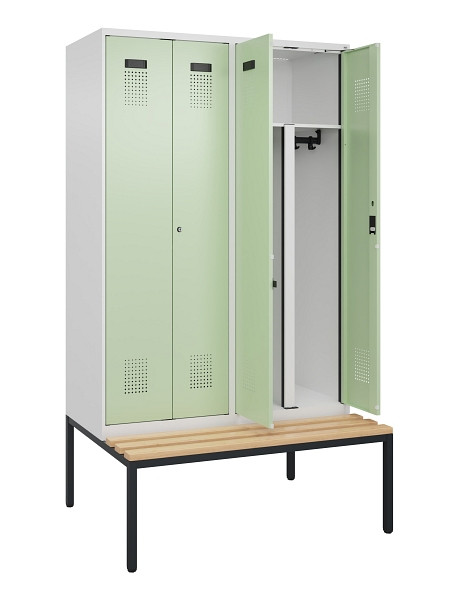 C+P PSA Doppel-Spind Evolo PLUS, Bank, 4 Abteile, 2120x1200x815mm, 9016/6019, Zylinderschloss, Sitzfläche Buche-Hartholz, Sitzbank, 0490527-40P S10046