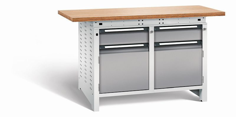 Otto Kind Werkbank Serie function Typ 214, Multiplexplatte 40 mm, überstehend, 2x Unterbau + Zentralverschluss, Gehäuse RAL 7035, Front RAL 7037, 072344267