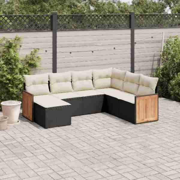 vidaXL 7-tlg. Garten-Sofagarnitur mit Kissen Schwarz Poly Rattan, UV-beständig, 3227883