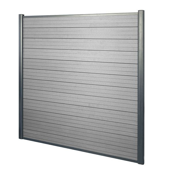 Mendler WPC-Sichtschutz Sarthe, Windschutz Zaun, Alu-Pfosten, Basiselement, 1,90m grau, 54410+54411+54412