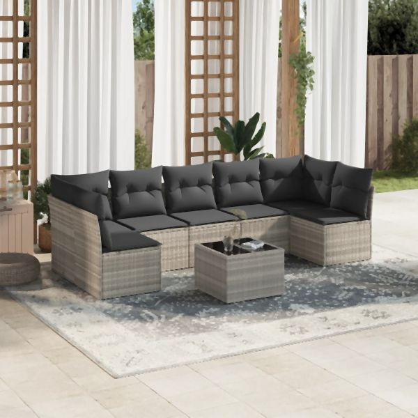 vidaXL 8-tlg. Garten-Sofagarnitur mit Kissen Hellgrau Poly Rattan, 3249281