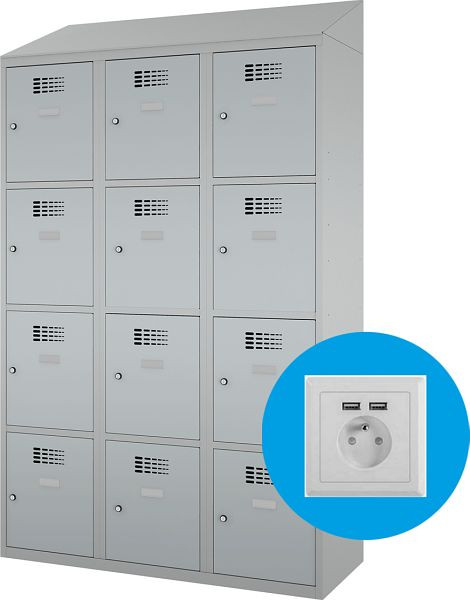 Eurobox Garderobenspind, 3 Abteile 12 Fächer, mit Steckdose, 400 mm, 1200-040304