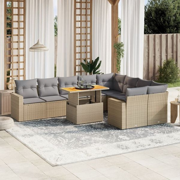 vidaXL 10-tlg. Garten-Sofagarnitur mit Kissen Beige Poly Rattan, 3271472