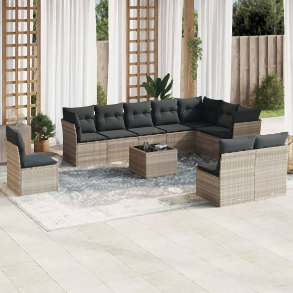 vidaXL 11-tlg. Garten-Sofagarnitur mit Kissen Hellgrau Poly Rattan, 3217812