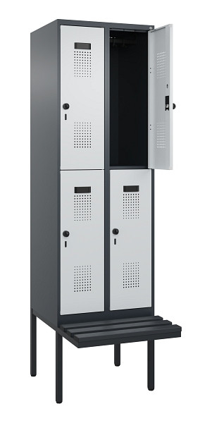 C+P Doppelstock-Spind Evolo PLUS, Bank, 4 Fächer, 2120x600x815mm, 7016/7035, Drehriegel, Sitzfläche Kunststoff, 0493407-20 S10098