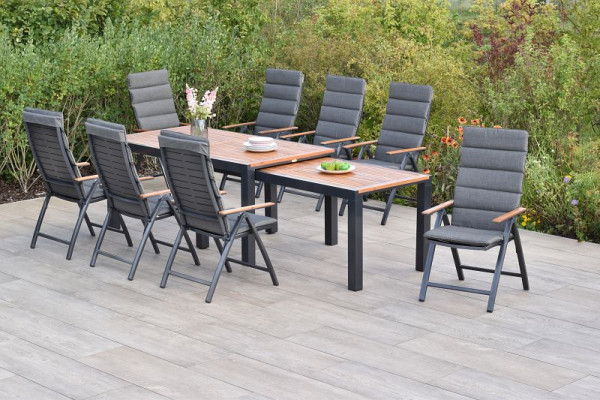 Merxx Tinos Set 17-teilig, 8 Tinos Klappsessel, 8 Kissen, grau, mit Befestigungsbändchen, 1 Flex Ausziehtisch 180/180 x 100/83 x 80/74 cm, 50809-800