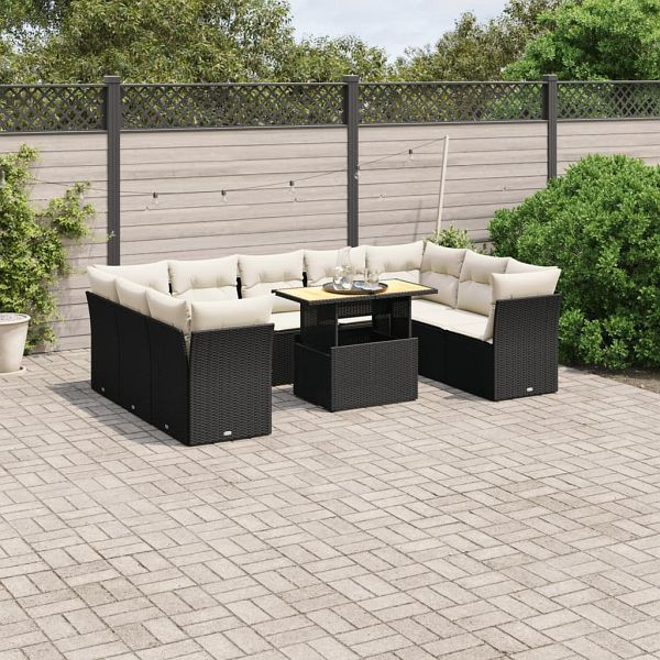 vidaXL 10-teilig Garten-Sofagarnitur mit Kissen Schwarz Poly Rattan, 3270993