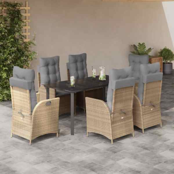 vidaXL 7-tlg. Garten-Essgruppe mit Kissen Beige Poly Rattan, UV-beständig, 3213270