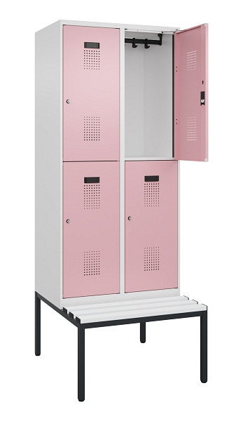C+P Doppelstock-Spind Evolo PLUS, Bank, 4 Fächer, 2120x800x815mm, 9016/3015, Zylinderschloss, Sitzfläche Kunststoff, Sitzbank, 0493507-22 S10126
