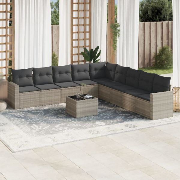 vidaXL 10-tlg. Garten-Sofagarnitur mit Kissen Hellgrau Poly Rattan, 3251439
