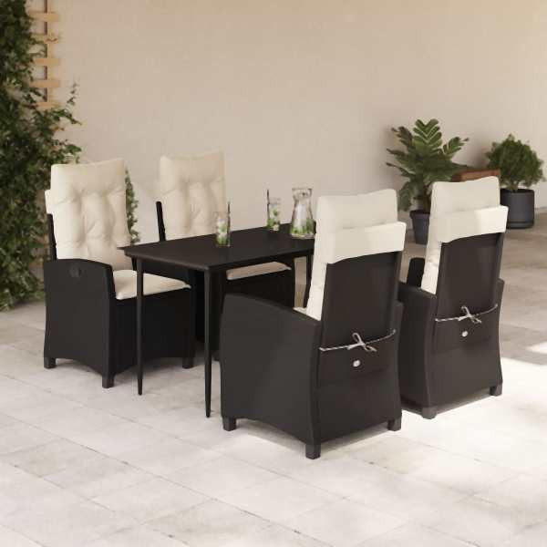 vidaXL 5-tlg. Garten-Essgruppe mit Kissen Schwarz Poly Rattan, UV-beständig, 3212725