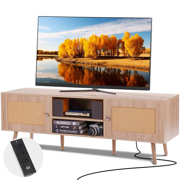 VEVOR Rattan-TV-Ständer 165cm Fernseher Boho-TV-Schrank Fernsehschrank Eiche, TBDSJ55YCXMS61WF0V2