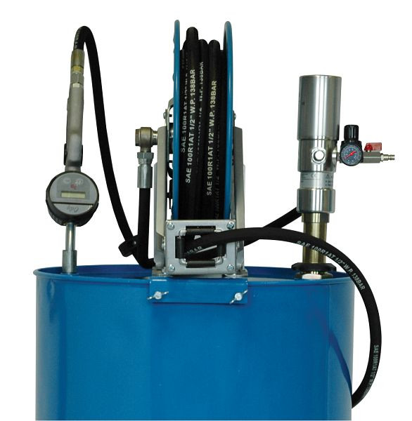 Rapid Getriebeöl-Abgabeset in pneumatischer Ausführung und mit Schlauchaufroller, zur Montage auf ein 200 Liter-Fass, nicht eichfähig, 23 035