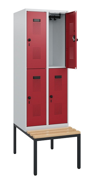 C+P Doppelstöckiger Spind Evolo PLUS, Bank, 4 Fächer, 1950x600x815mm, 7035/3003, Drehriegel, Sitzfläche Buche-Hartholz, Sitzbank, 0493505-20 S10004