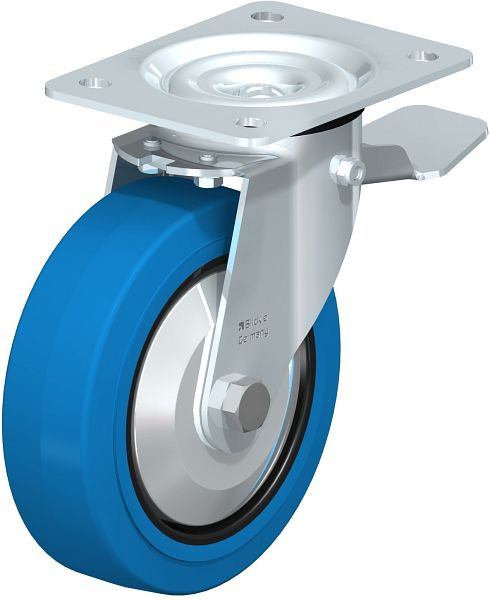 Blickle LE-POEV 160R-ST-SB-FA Stahlblech-Lenkrolle mit Anschraubplatte & Feststeller, Elastik-Vollgummi, Blau, 749630