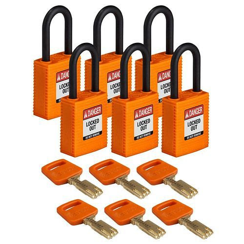 Brady Vorhängeschlösser Lockout, SafeKey aus Nylon, funkenfreies Gehäuse, VE: 6 Stück, orange, 309094